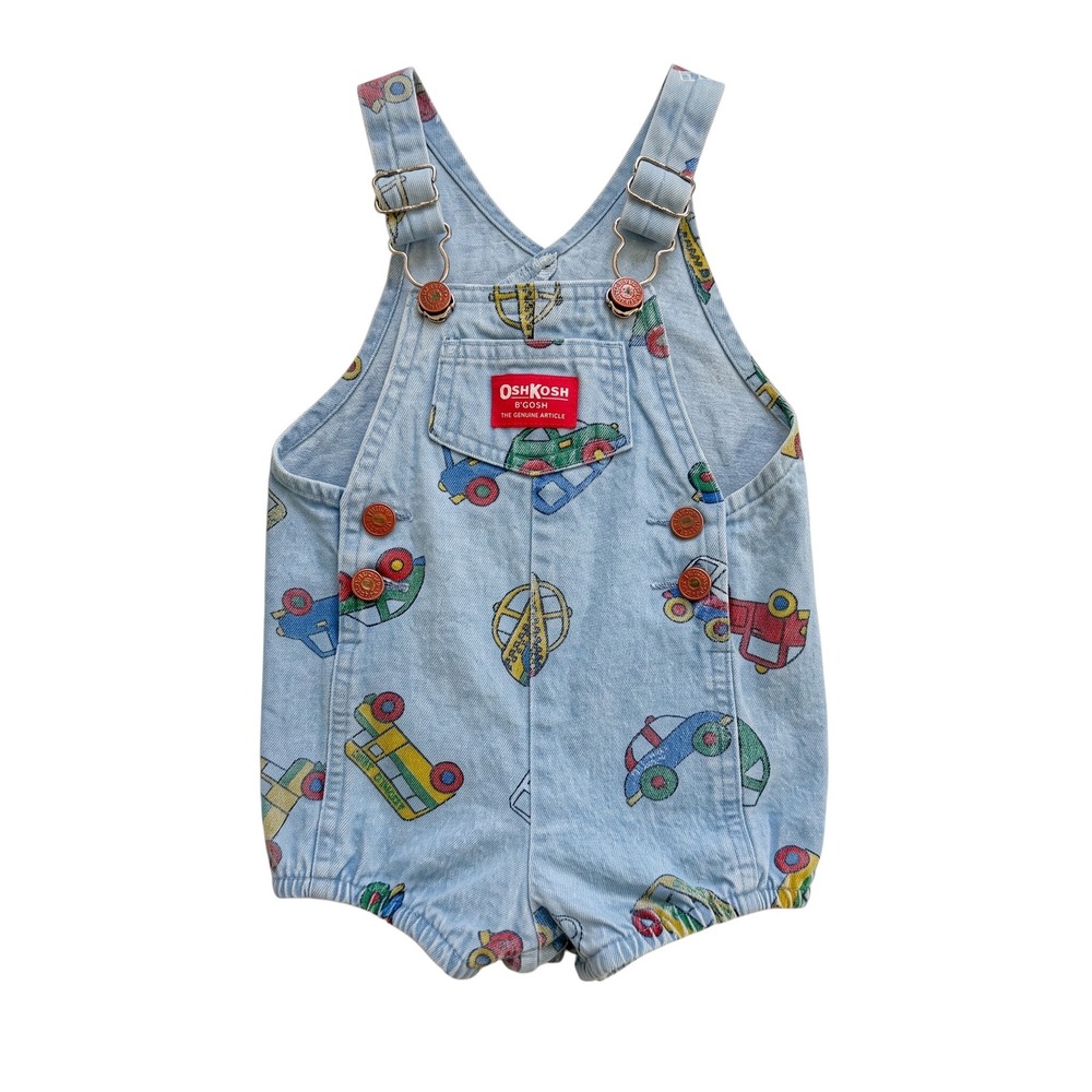 OshKosh B'Gosh Denim Romper Baby 12M Made USA Vintage 90s Cars Trucks Shortall